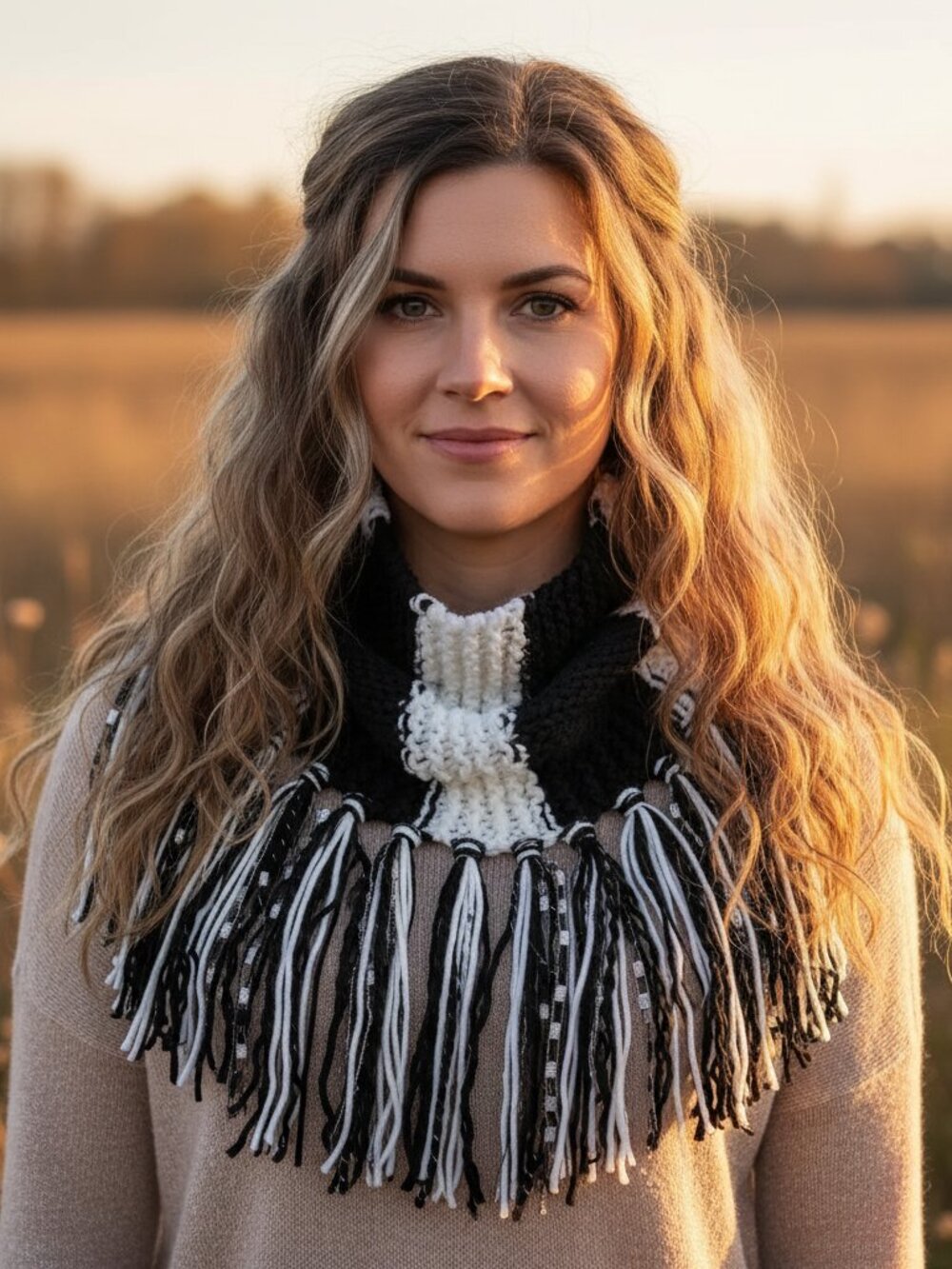 NEW Hand Knitted Black White Boho Cowl Scarf Fringe Artsy Indie Eclectic Fairy